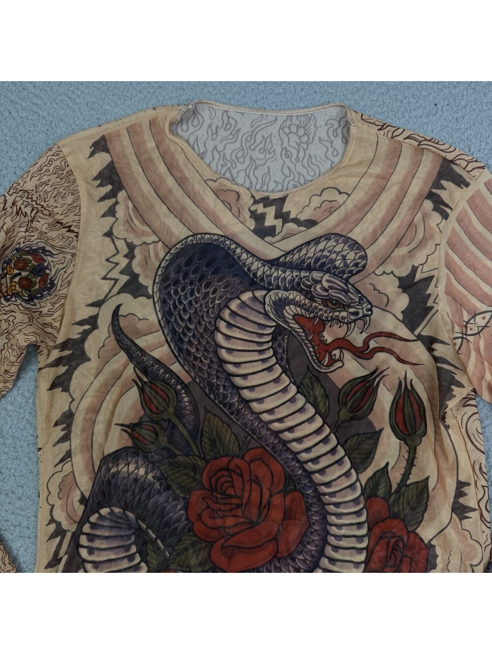 Miami Ink Tattoo Mesh Shirt Womens Sz S Y2K Graphic Tee Gothic Snake Devil - Picture 9 of 14